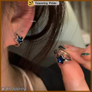 [Towering Pride] Y2K Trendy Cute Sweet Blue Star Hoop Earrings For Women Girls Simple New Fashion Vintage Earrings Aesthetic Jewelry Gift