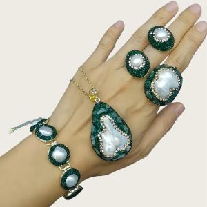 French Style Green Waterdrop Crystal Jewelry Set Natural Baroque Freshwater Pearl Inlaied Rhinestones Necklace Earring Wholesale H260610