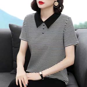 Free Shipping Fashion classic Korean Style New Ladies Short Sleeve tees shirts Women Stripe Polo Shirt Loose and Thin polo collar t-shirt blouse Plus Size shirt