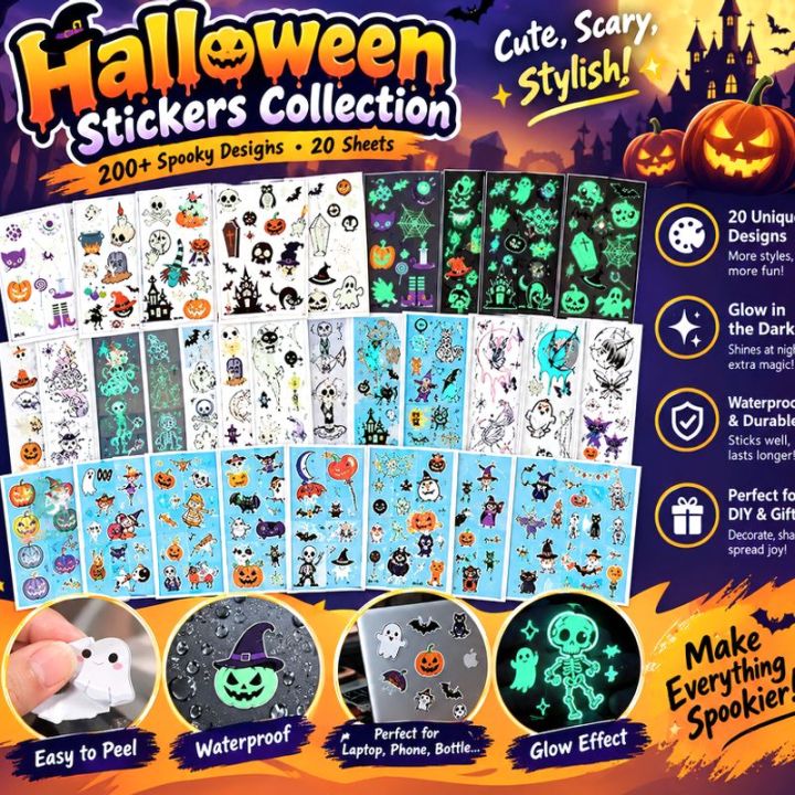 Halloween Stickers Glow in the Dark Cute Spooky Sticker Set Pumpkin ...