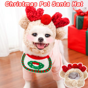 Christmas Pet Santa Hat Costume Set Cute Cat Dog Antler Headdress with Drool Towel Outfit