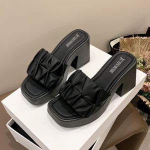 [READY STOCK🇲🇾] Womens High Heels Wrinkle design OL Style Office Wear Heel - Beige and Black - Square Toe - Block Heel - Ruched Design - Office Wear - Casual Setting