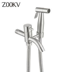 ZOOKV 304 Stainless Steel Wall Mount Mounted Toilet Bathroom Double 1 in 2 Out 2 Way Water Tap Faucet With Bidet spray holder P17