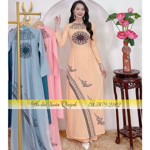 Áo Dài Lụa Habutai Truyền Thống Hoạ Tiết Trống Đồng K82 Be - Áo Dài Xuân Quỳnh
