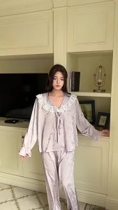 HT703 Bộ pijama viền ren cổ tròn tay bo sang chảnhset đồ ngủ lụa gấm tiểu thư dáng dài tôn dáng HT703