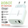Adaptor ROBOT 2 Colokan USB-A dan Type-C Fast Charging Iphone RT-K8+ Plus Kepala Charger Robot USB Type C 12W 2.4A Power Delivery PD Fast Charging Adaptor Casan Batok K8+  Charger HP / Charger Robot / Charger Original / Adapter Original / Adapter. 