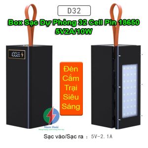 Box sạc dự phòng 32 cell 18650 sạc nhanh 22.5W sạc không dây 15W kèm đèn led cắm trại siêu sáng(không gồm pin)
