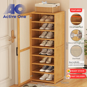 ACTIVEONE 7/9 Layer Rattan Door Shoe Cabinet Shoe Bamboo Rack Storage Large Capacity Multilayer Shoe Rack Rak Kasut Kayu Dengan Pintu - Fulfilled by ACTIVEONE
