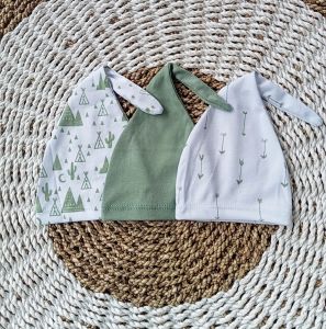 3 Pcs Seri Sage green Kupluk/Topi Kuncir Kurcaci Bayi Baru Lahir Premium