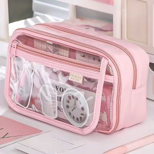 GIORGIONE Zipper Transparent Pencil case Large Capacity Multi-layer Stationery Box Makeup Lipstick Bag Kawaii Transparent Pen Bag Students