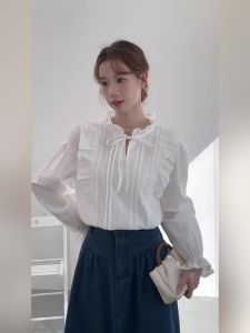 AMMIN Korean Style Simple Stand Collar Bowknot Thin Strap Design Commuting Elegant White Long Sleeve Shirt for Women Korean Style Ruffled Edge Patchwork Embroidered Floral Design Elegant Blouse
