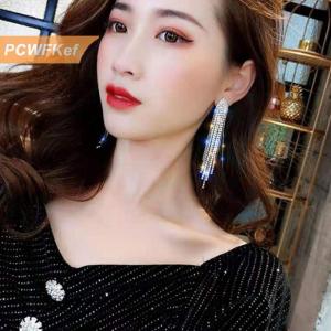 【PCWFKef】 Dài tua đầy đủ Rhinestone thả Bông tai cho phụ nữ ovsize pha lê dangle Bông tai thời trang đồ trang sức phụ kiện