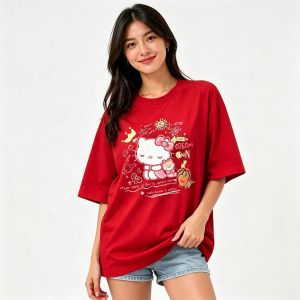 ✅ SmarTee Oversize Cartoon HelloKitty Print T-shirt Round Neck Comfortable Breathable Quick-Dry Tee .C