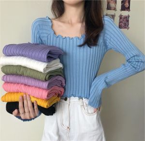 Women Knitted Off Shoulder Long Sleeve Crop Top Baju Wanita Korean Style Fashion Slim Fit Tops Shirt T-007