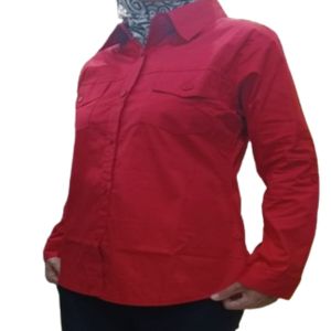 Kemeja Formal Stretch panjang merah wanita kantong 2 skoder