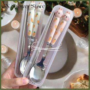 [GN Store] 3Pcs Cute Cutlery Set Cartoon Bunny Stainless Steel Mirror Polished Flatware Sets Spoon And Fork Chopsticks Set Storage Box