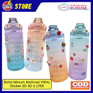 [Flashsale] Botol Minum Motivasi dengan Penanda Waktu Kapasitas Sport Straw Bottle 2 Liter Besar Free Sticker 2D 3D