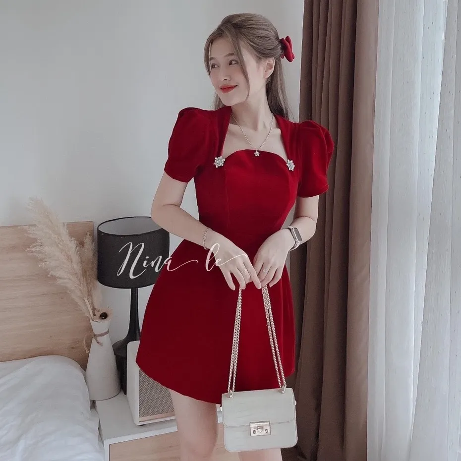 bán sỉ váy nhung đỏ xoè cổ vuông viền ren siêu đẹp | Shopee Việt Nam