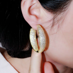 SEQUITO Fashion Large Round Loop Circle Hoop Earrings Full Micro Pave Tiny Cubic Zirconia Indian Yellow Gold Plated Luxury Wedding Bridal Jewelry for Women SE408