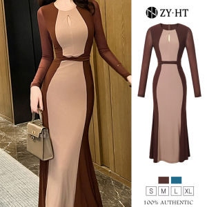 ZY.HT EraVogue เดรสผู้หญิง เดรสสีฟ้า สีน้ำตาล เดรสแขนยาว เดรสหางปลา เดรสไฮโซ เดรสออกงาน เดรสไปงานแต่ง เดรสฝรั่งเศส 20735