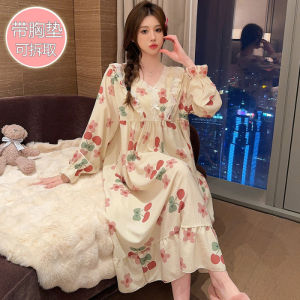 Plus Size Sleeping dress 3XL-6XL Pajama for Woman Cotton Autumn Lady Long Sleeves Sleepwear Women With chest pad Pyjamas dress Cartoon Cute Padded Home Wear