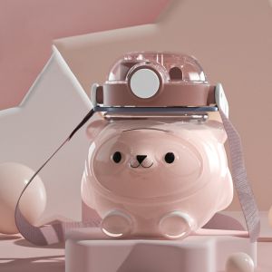 Botol Air Plastik  1L Kawaii Water Bottle Plastic Large Capacity Bear with Straw Water Travel Sport 网红胖墩墩大肚杯