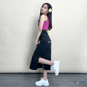 DISYAK - Rok Highwaist Midi Skirt Stretch Jeans Wanita Slit Samping Ash Black 331-431