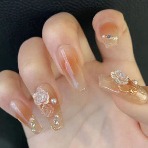 Gradien oranye naik mutiara bunga tiga dimensi dengan berlian temperamen lembut dan kuku panjang yang elegan fake nail kuku palsu + lem nail art