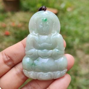Light green with green patches Natural Type A Jadeite Jade crafted with Guanyin as Pendant with certificate weigh 17.28 grams measurement 56.3 * 37.3 * 5.9 mm (pendant201)