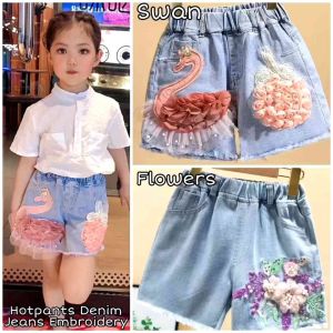 CELANA PENDEK HOTPANT JEANS DENIM ANAK PEREMPUAN KOREAN STYLE APLIKASI EMBROIDERY
