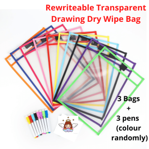 (3 BAGS + 3 PENS) 干擦袋Transparent Dry Brush Rewrite Reused Writing Bag PVC Dry Wipe Drawing Bag Toy for Children Adult