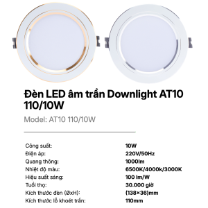 (Rạng Đông) Đèn LED âm trần Downlight Đế nhôm Viền Vàng Viền Bạc 8W 10W Ánh sáng Trắng 6500K AT10