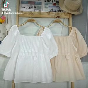áo babydoll cổ vuông xếp li tay bồng tiểu thư ảnh thật