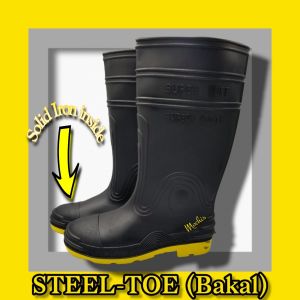 Super Tuff mens Steel-Toe High-cut safety non-slip rubber rainboots boots (Bakal inside) Yellow-Sole