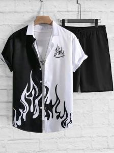 KIYOO- SETELAN KEMEJA PRIA FIRE M-L XL XXL SATU SET KEMEJA FIRE DAN CELANA PENDEK POLOS KEKINIAN
