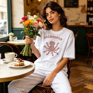 Cute Octopus Animal Print Tee Summer Casual Women Short Sleeve Cotton Loose Streetwear Novelty Marine Creature Daily Gift Tops