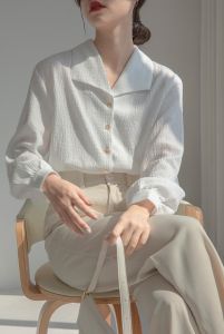 (COD)Alisa.Sonya Womens Causal Long Sleeve Polo Collar Texture Design Vintage Blouses Tops