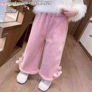 Quần nhung tăm bé gái lót nỉ ống loe 3-8 tuổi đính nơ lông viền gấu kiểu dáng thời trang dễ thương
