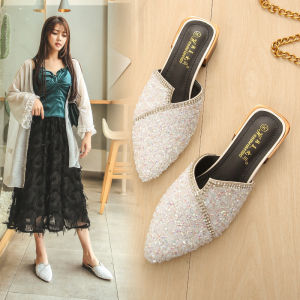 IELGY Baotou Half Slippers Womens Summer Heel No Heel Slip Shoes Womens Block Heel Pointed Toe Plus Size Womens Shoes