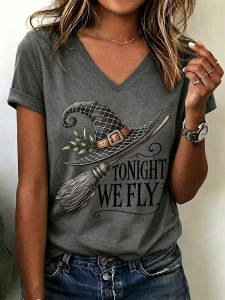 New Halloween  V Collar Short Sleeve T Shirt Tonight We Fly  Hat print top plus size womens clothing