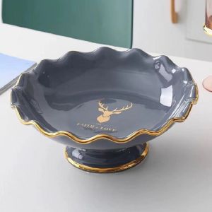 Khay đựng hoa quả bằng men sứ cao cấp chân cao viền vàng sang trọng