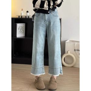 [40-100kg] cỡ lỡn 2025 Hè Thiết kế viền ren chân ống đứng dáng rộng mới quần jean rộng cho nữ