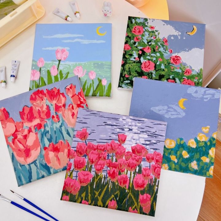 ZR77B Tulips DIY Oil Painting Kits Flower Fabric Making Tulip Oil Painting Blank Coloring Kits