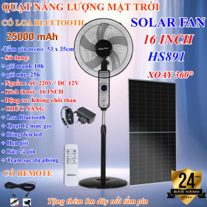 BẢO HÀNH 24 THÁNG - Quạt sạc tích điện năng lượng mặt trời solar fan có loa Bluetooth hs891 không chổi than 16 inch 25w 25000 mAh tích hợp sạc USB và đèn chiếu sáng sạc điện và năng lượng mặt trời