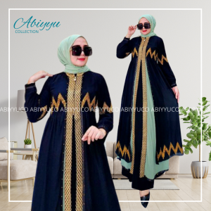 Abiyyuco TA9045 | Gamis Abaya Turkey Jersey dan Ceruty Hitam Kombinasi Warna Turki Busui Turky Bordir dan Mote Mewah Elegan