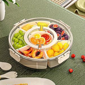 ALLUCK With Handle Storage Box Rotating Six Division Fruit Tray  Sealed Moisture-Proof Round Snack Box