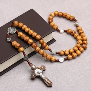VCH Car Ornament Handmade Rosary Necklace Religious Wood Wood Beads Necklace Party Jewelry Mellow Crucifix Pendant Chain Women