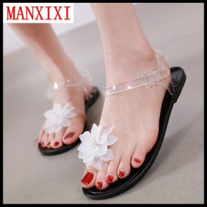 MANXIXI Brand Korean Version Beautiful Jelly Flat Sandals Lotus Flowers Inlay Shoes For Women (35-40 Size)
