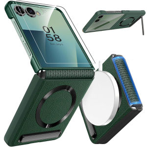 [Compatible with Magsafe] for Samsung Z Flip 8/Z Flip 7 Case with Screen Protector & Invisible Stand & Hinge ProtectiveCute Litichi Leather Hard PC Shockproof Phone Case for Galaxy Z Flip 7 FE CaseZ Flip 6 Case.Z Flip 5 Case