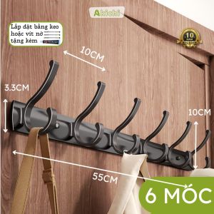 Móc treo quần áo AKICHI dán tường bằng keo không cần khoan nhôm cao cấp chống gỉ chịu lực 50kg